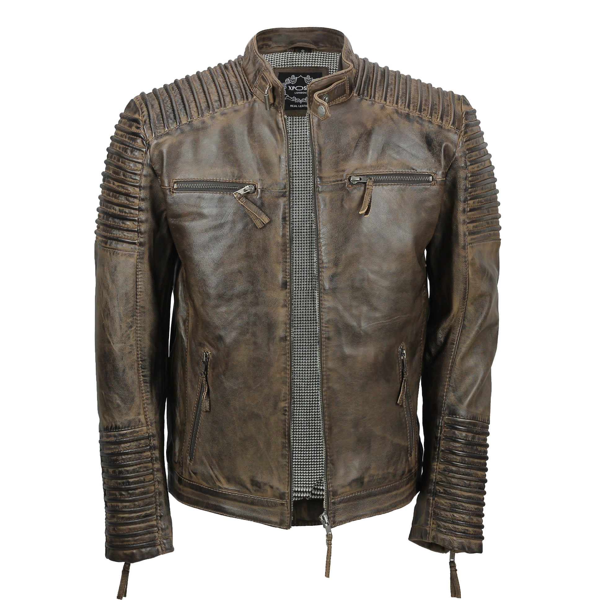 Men's Fraser Racer Biker Leather Jacket, Brown, Front