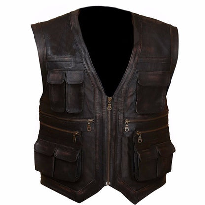 Safari Black Leather Vest Men, Sleeveless