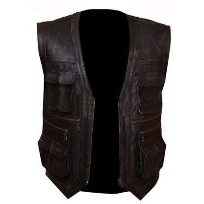 Safari Black Leather Vest Men, Sleeveless