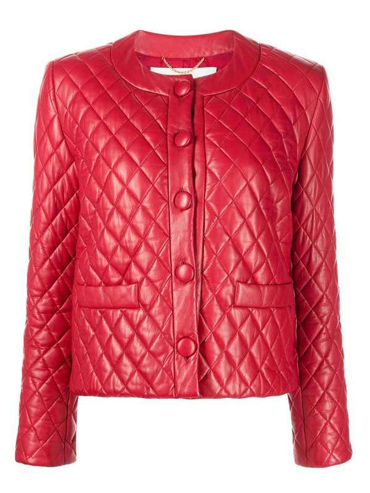 Collarless Quilted Leather Biker Jacket Women, Red