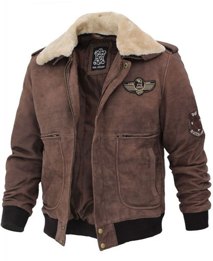 Brown Leather Shearling Collar Bomber Jacket