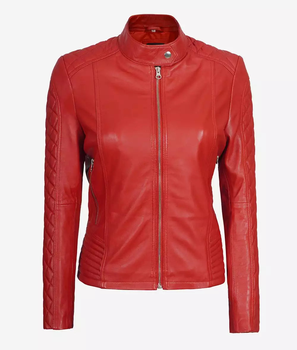 Biker Quilted Leather Jacket Women, Red