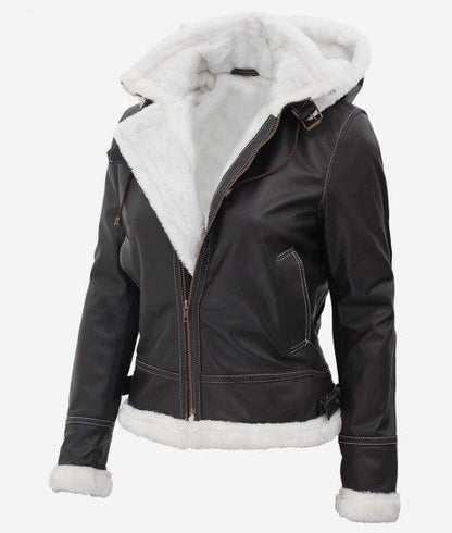 Leather Shearling Jacket For Women With Hood