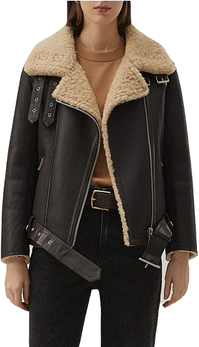 Matte Black Shearling Leather Jacket Women
