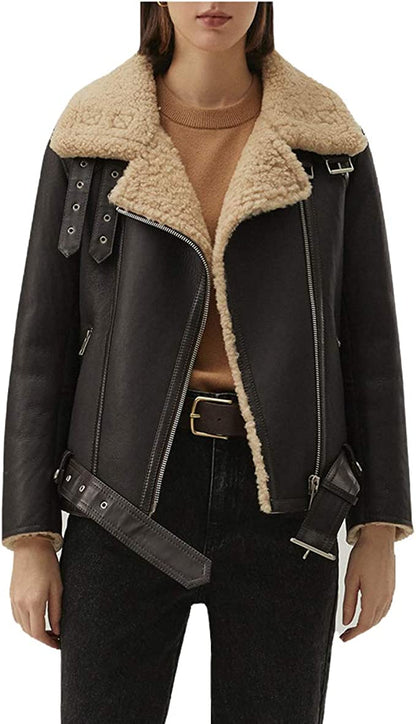 Matte Black Shearling Leather Jacket Women