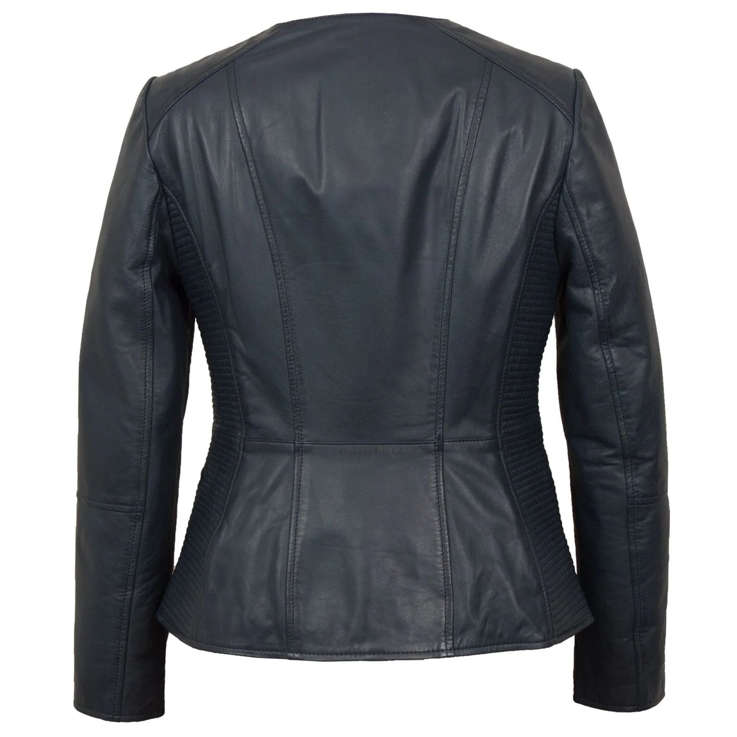 Women's Collarless Leather Navy Jacket