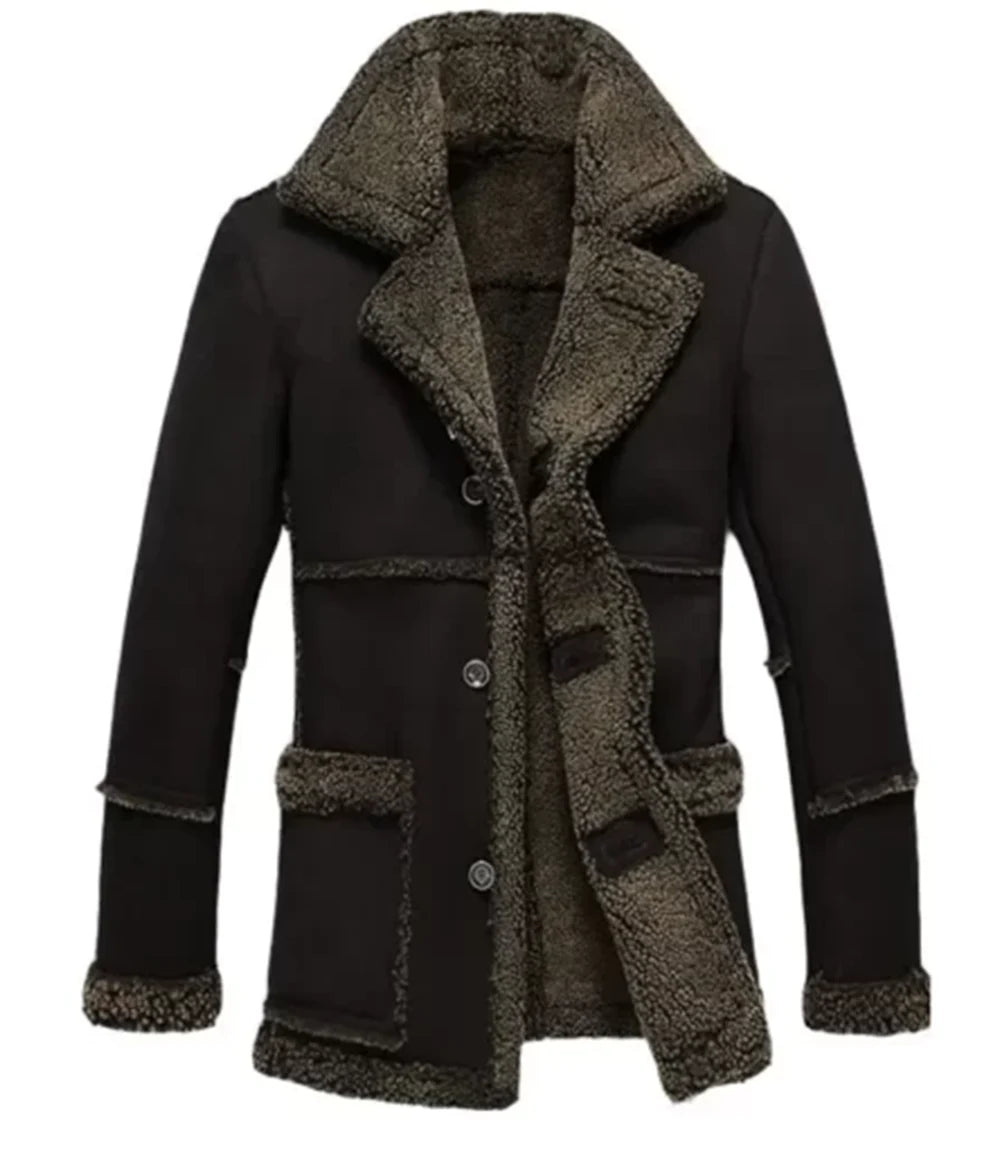 Black Reacher Style Fur Sheepskin Shearling Coat