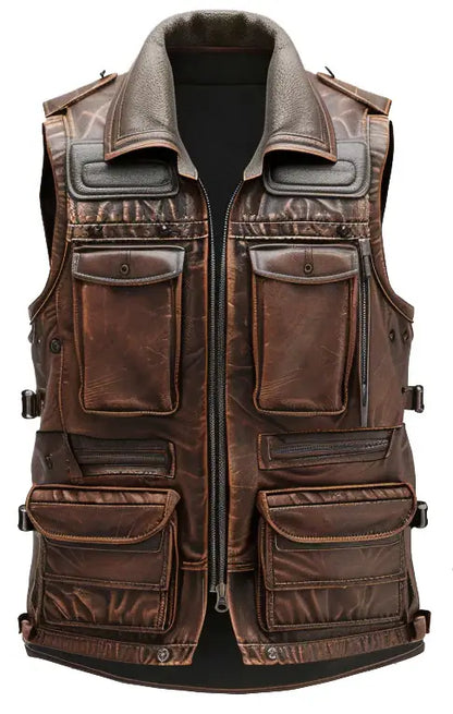 Men Distressed Brown Military Style Leather Vest