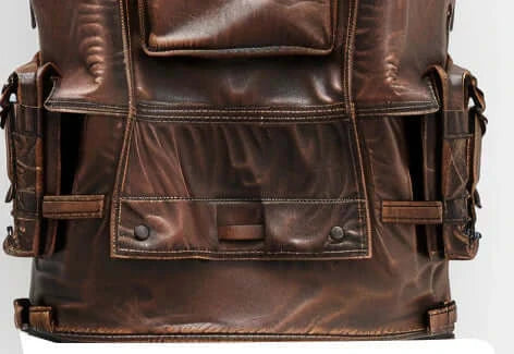 Men Distressed Brown Military Style Leather Vest