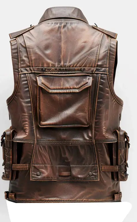 Men Distressed Brown Military Style Leather Vest