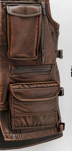 Men Distressed Brown Military Style Leather Vest