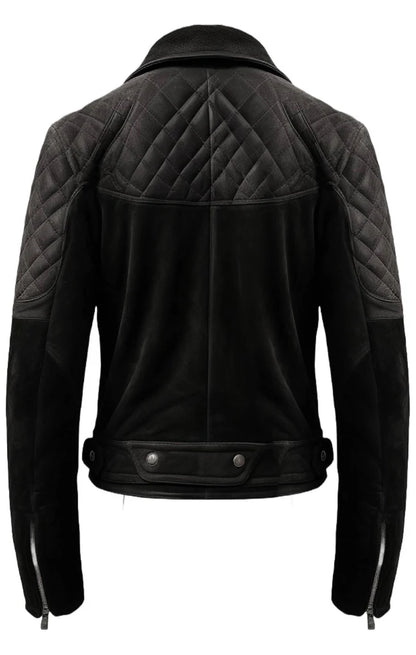 Men Quilted Biker Black Suede Leather Jacket