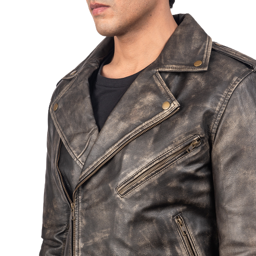 Vintage Distressed Brown Sheephide Leather Jacket, Collar
