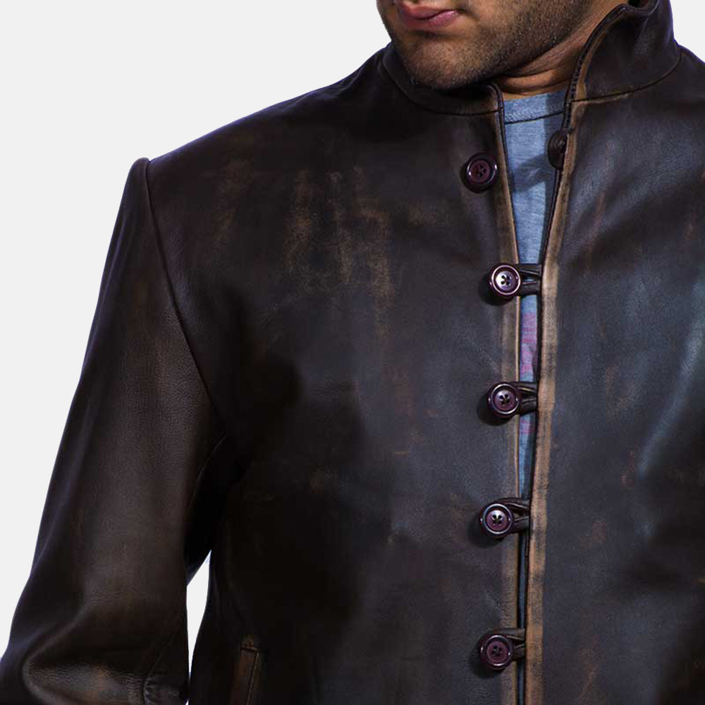 Mens Drakeshire Brown Leather Jacket, Button Closure