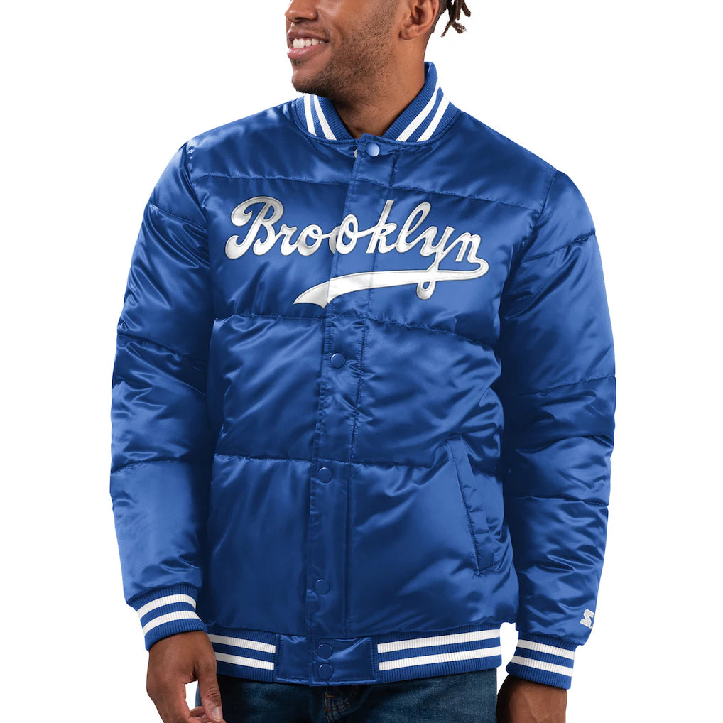 Mens Brooklyn Dodgers Satin Full Snap Varsity Bomber Jacket
