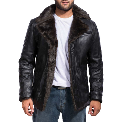 Furcliff Men Shearling Jacket Leather, Black