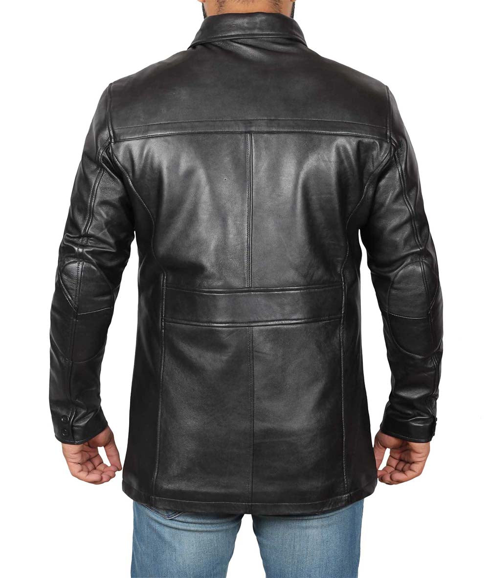 Men's Black Leather Car Coat - 3/4 Length Coat