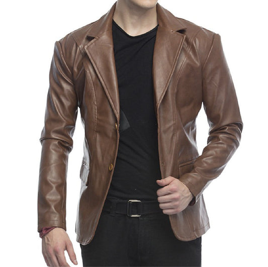 2 Button Lambskin Leather Blazer Men, Brown