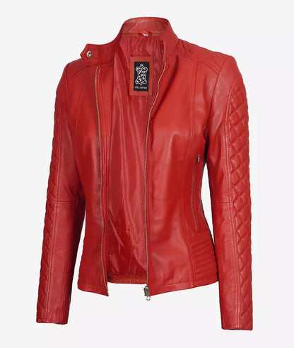 Biker Quilted Leather Jacket Women, Red