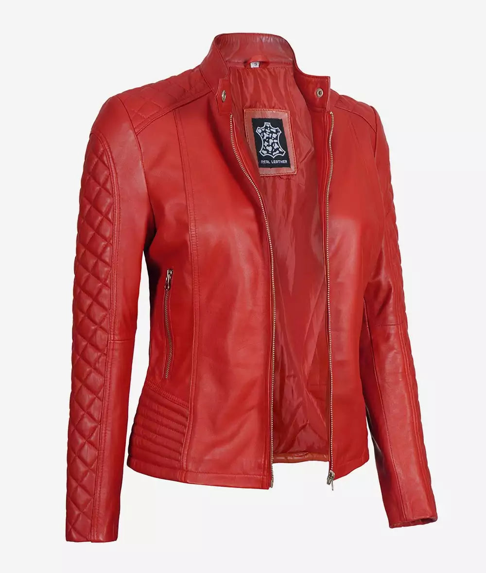 Biker Quilted Leather Jacket Women, Red