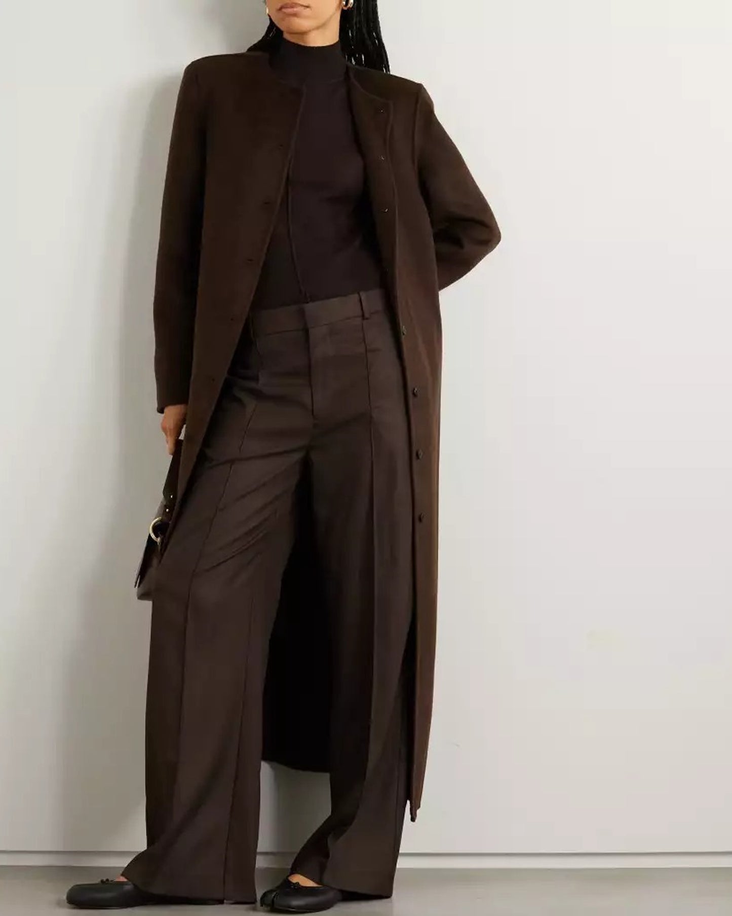 Rosario Womens Collarless Chocolate Brown Wool Trench Coat