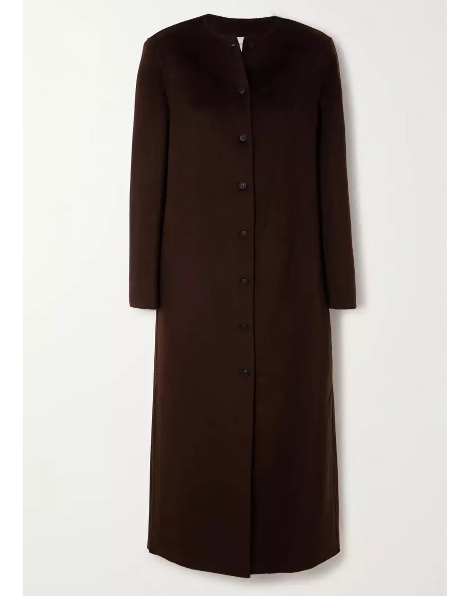 Rosario Womens Collarless Chocolate Brown Wool Trench Coat For Sale