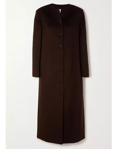 Rosario Womens Collarless Chocolate Brown Wool Trench Coat For Sale