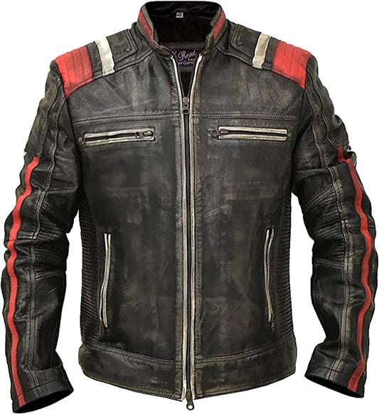 Skull Print Leather Biker Jacket Men