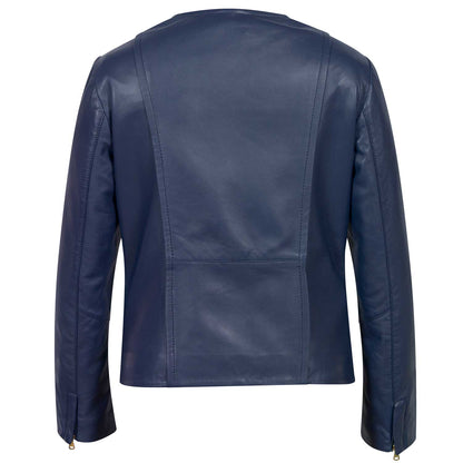 Women Biker Jacket Collarless, Midnight Blue