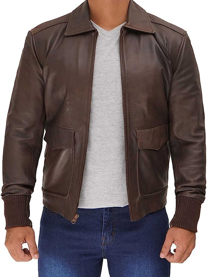 Vintage Brown Bomber Leather Jacket Men