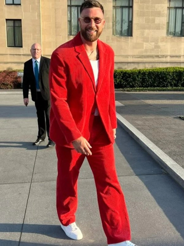 Teams-Super-Bowl-Ring-Ceremony-Travis-Kelce-Chiefs-Red-Corduroy-Suit