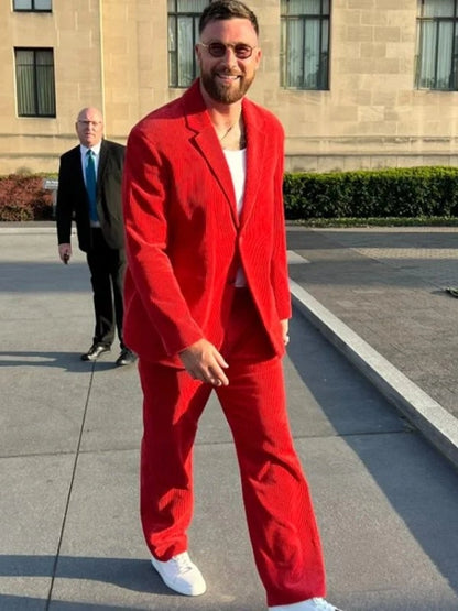 Teams-Super-Bowl-Ring-Ceremony-Travis-Kelce-Chiefs-Red-Corduroy-Suit
