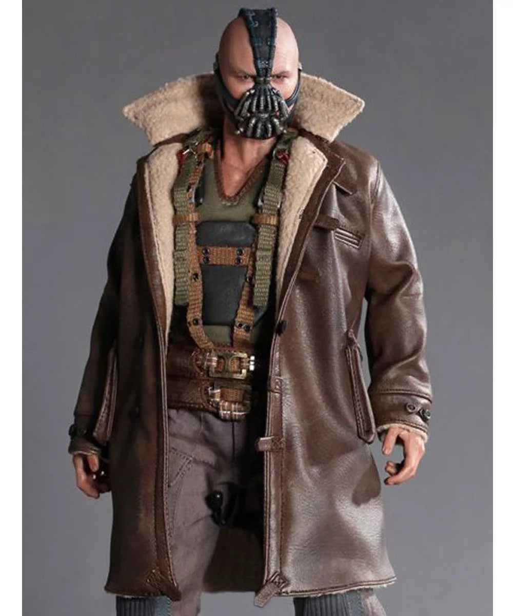 Action figure featuring Tom Hardy wearing the iconic Bane jacket by Zing Apparel—a muscular man in a real leather shearling-lined jacket, tactical vest, and signature black mask, set against a plain gray background.