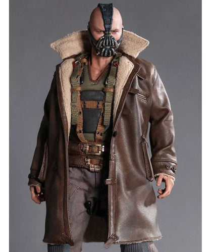 Action figure featuring Tom Hardy wearing the iconic Bane jacket by Zing Apparel—a muscular man in a real leather shearling-lined jacket, tactical vest, and signature black mask, set against a plain gray background.