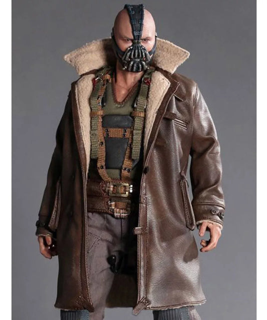 Action figure featuring Tom Hardy wearing the iconic Bane jacket by Zing Apparel—a muscular man in a real leather shearling-lined jacket, tactical vest, and signature black mask, set against a plain gray background.