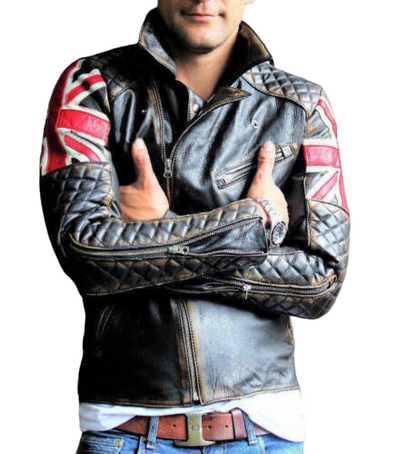 Vintage Motorcycle Biker UK Flag Leather Jacket