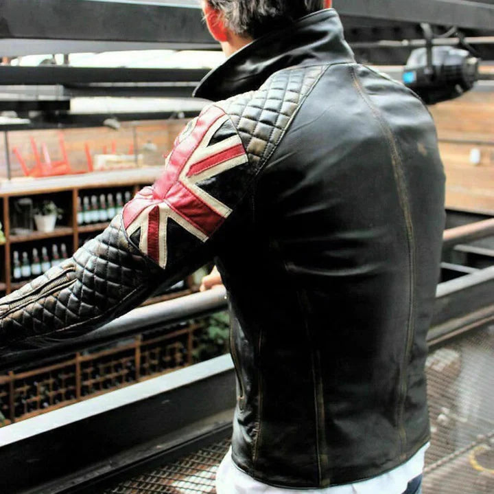 Vintage Motorcycle Biker UK Flag Leather Jacket