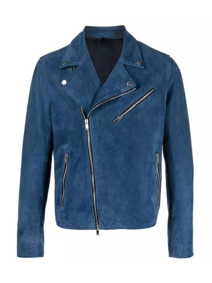 Blue Zipper Suede Leather Jacket, Blue