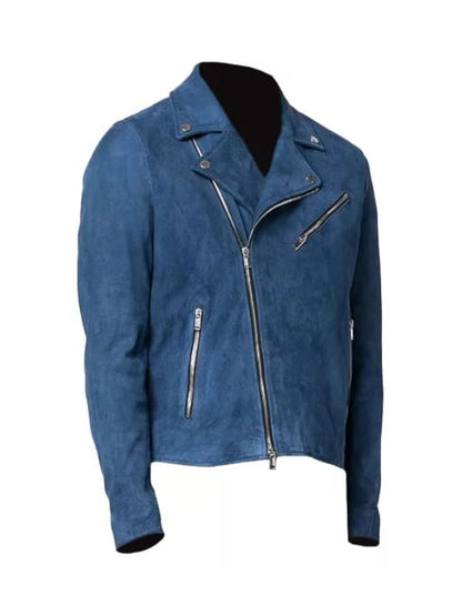 Blue Zipper Suede Leather Jacket, Blue