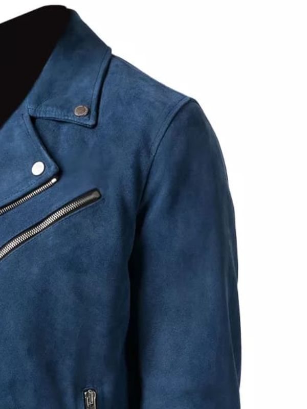 Blue Zipper Suede Leather Jacket, Blue