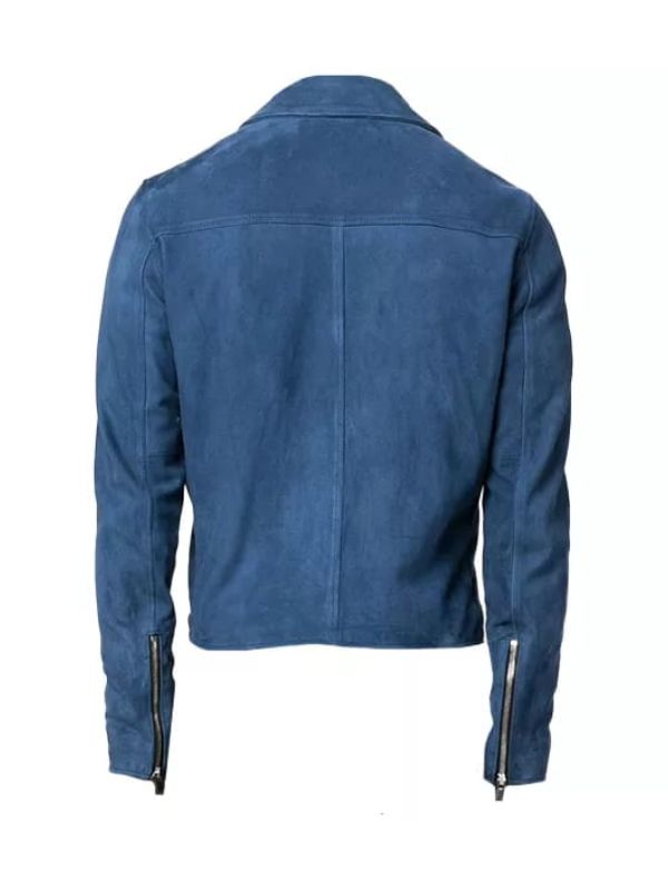 Blue Zipper Suede Leather Jacket, Blue