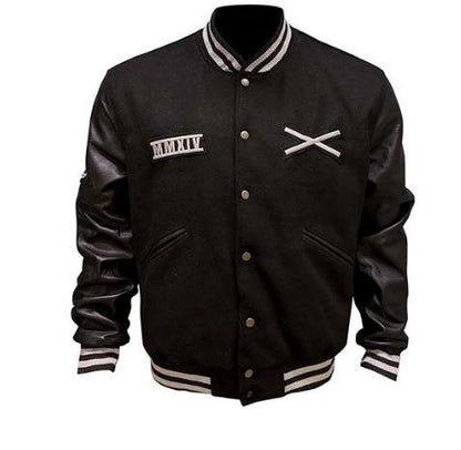 Leather Bomber Varsity Jacket, Black