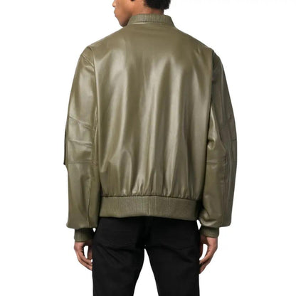 Khaki Green Mens Jacket Leather Bomber