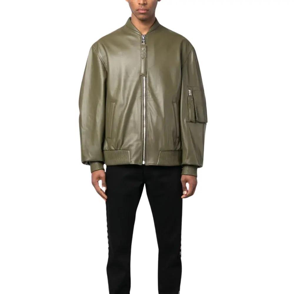 Khaki Green Mens Jacket Leather Bomber