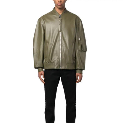 Khaki Green Mens Jacket Leather Bomber