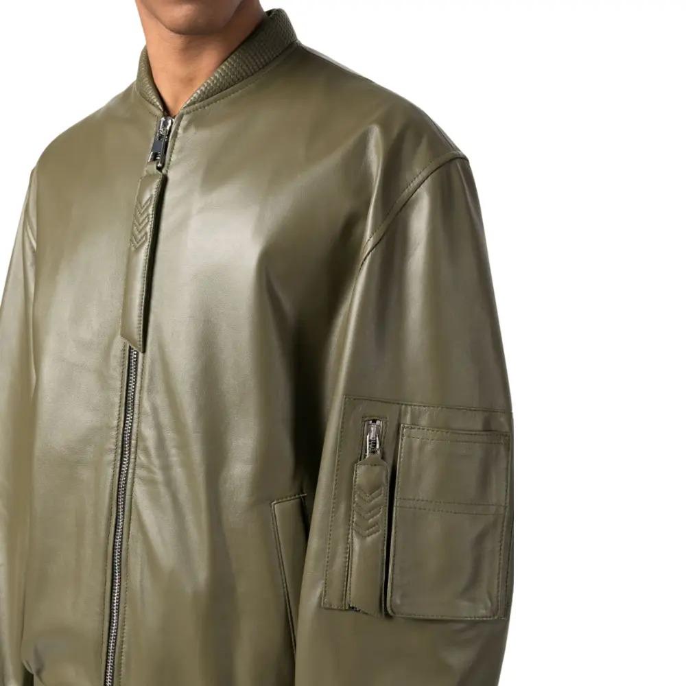 Khaki Green Mens Jacket Leather Bomber