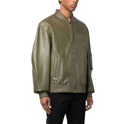 Khaki Green Mens Jacket Leather Bomber