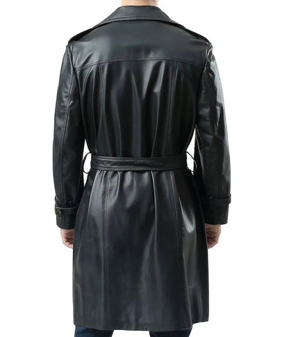 Black Leather Shearling Trench Coat For Men