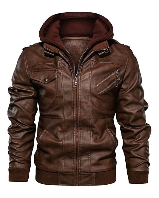 Clinton Hooded Brown Halloween Leather Jacket