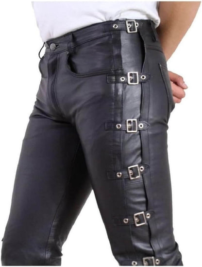 Handmade Black Leather Pants with Side Buckles